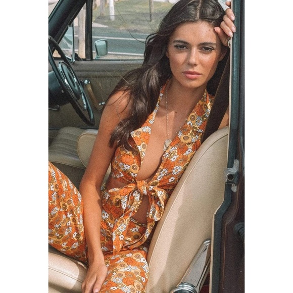 Her Pony Tops - Her Pony Honey Bunch Floral Retro Print Wrap Tie Top Orange Green Yellow